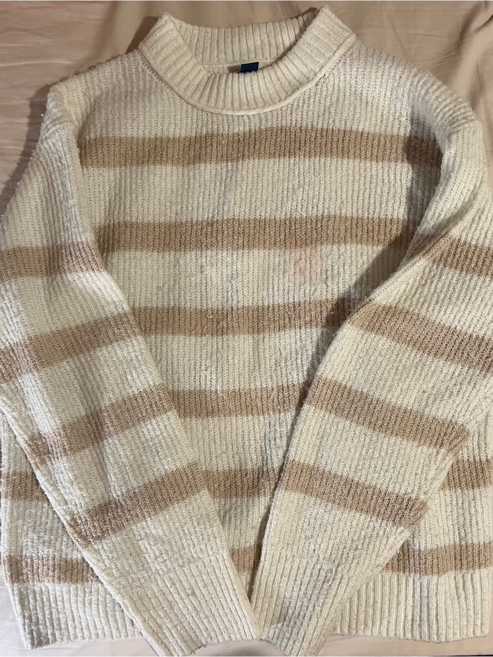 American Eagle Outfitters Cream and Tan Striped Crewneck Sweater
